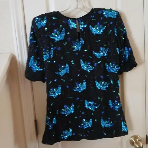 Vintage Laurence Kazar 100% Silk Beaded Sequin Glam Top Size Small
